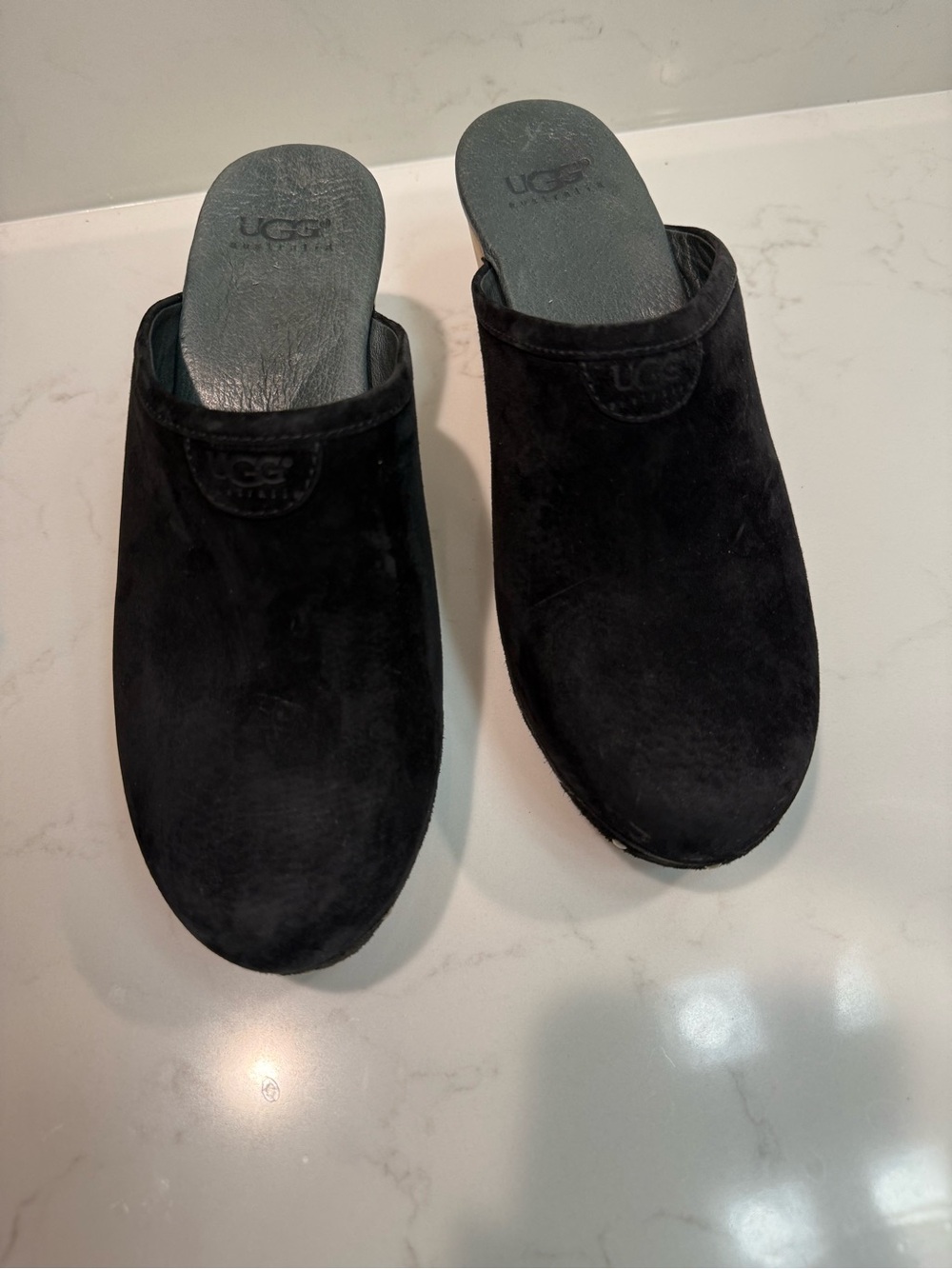 UGG womenโs Black Suede Slip-On clogs with studded wooden heels
